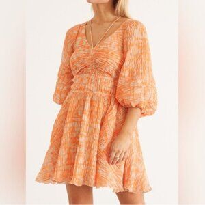 Jonathan Simkhai Lena Puff Sleeve Mini Dress Melon Leafy Floral Size Medium NWT